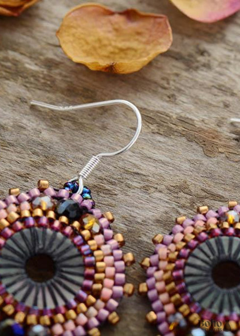 Boho Earrings, Dangle Earrings, Crystal Beads Lava Purple Stone